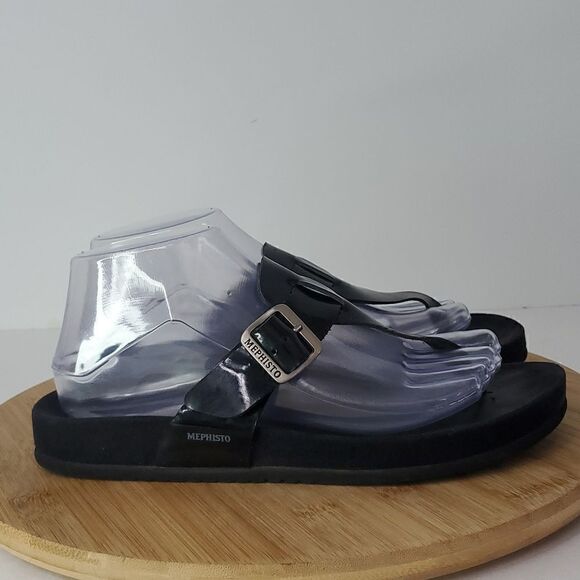 Mephisto Black Leather T-Strap Sandals Women's Size 39 - Picture 1 of 13